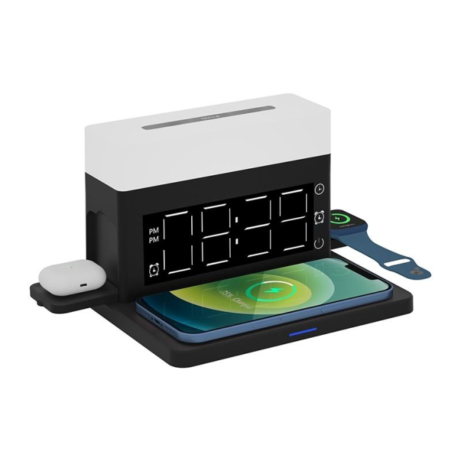 Chargeur Sans Fil Multifonction 6 en 1 pour Téléphone Casque et Montre avec Affichage Digital et Réveil - www.yonis-shop.com
