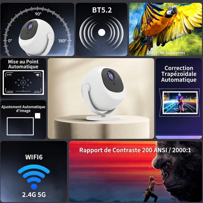 Vidéoprojecteur Android 11 WiFi Double Bande 5G Bluetooth 5.4 Mise Au Point Et Keystone Automatiques - www.yonis-shop.com