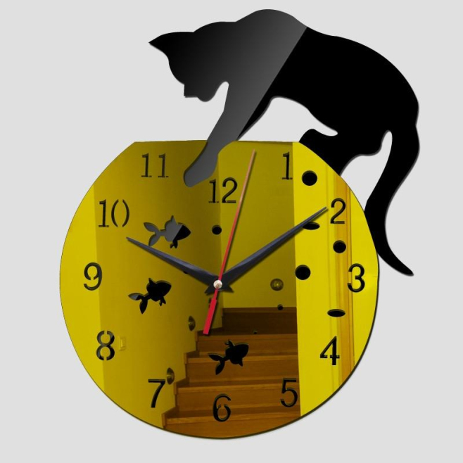 Horloge Murale Chat 3D DIY En Miroir Acrylique Noir Et Or Résistante À L’Eau 25x30 Cm - www.yonis-shop.com
