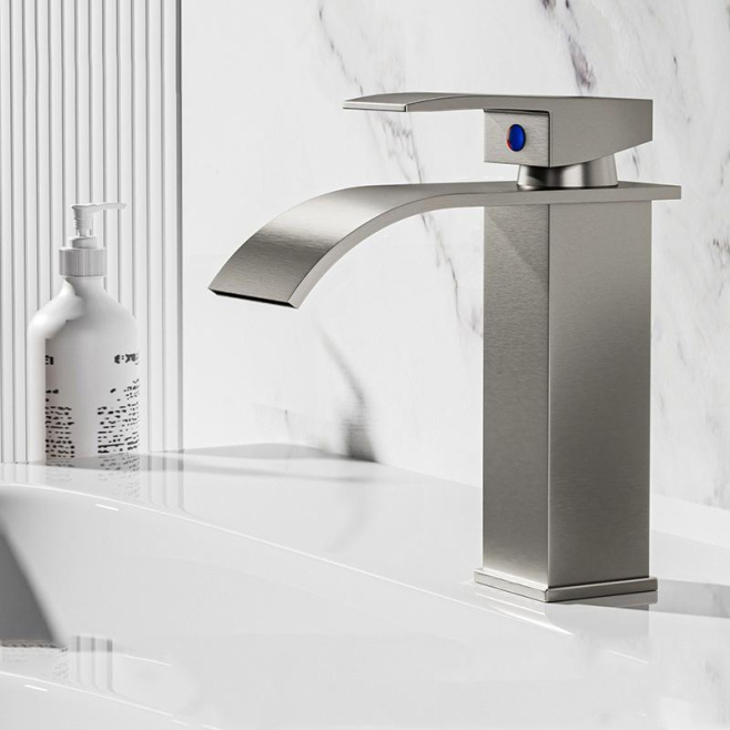 Robinet Mitigeur De Lavabo Eau Chaude Et Froide Bec Cascade Inox 304 Cartouche Céramique Gris Acier Bas 18 Cm - www.yonis-sho...