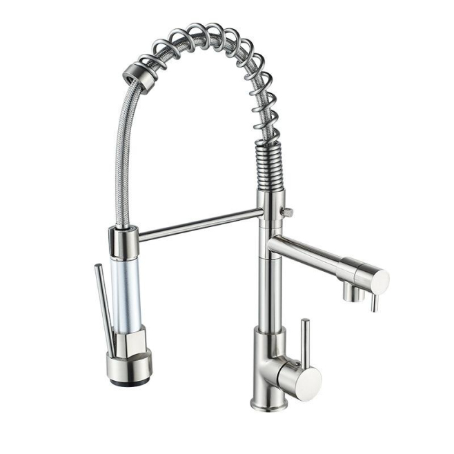 Robinet De Cuisine À Ressort Orientable En Laiton Brossé Pour Eau Chaude Et Froide À Deux Jets - www.yonis-shop.com