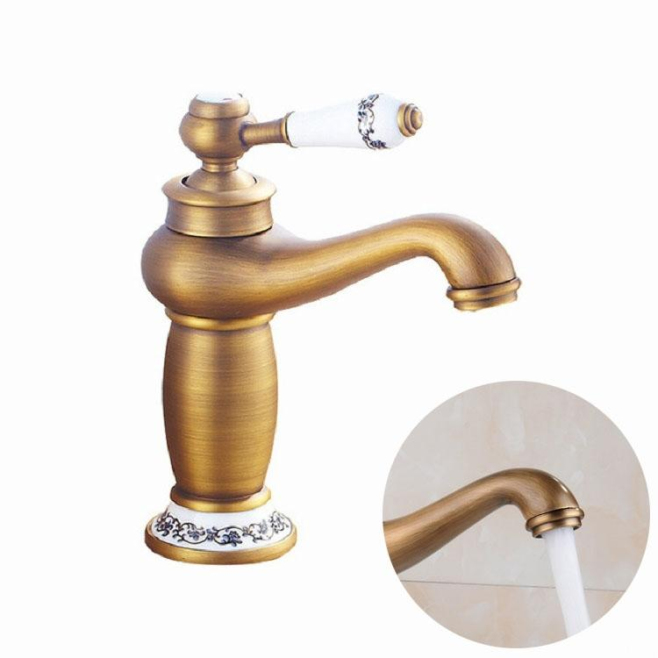 Robinet Mitigeur De Cuisine En Cuivre Antique Monotrou À Poignée Unique Eau Chaude Et Froide Avec Porcelaine Bleue Et Blanche...