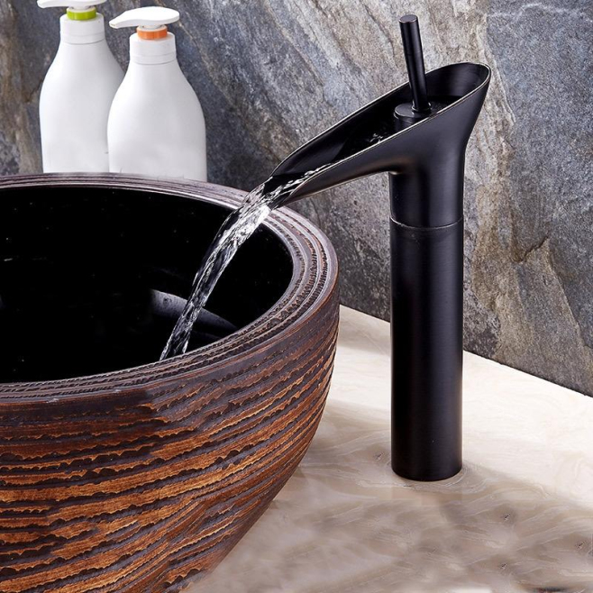 Robinet De Lavabo Cascade Eau Chaude Et Froide Noir En Laiton À Large Calibre Durable Et Étanche - www.yonis-shop.com