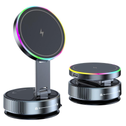 Support Téléphone Voiture Magnétique Avec Charge Sans Fil 15W Rotation 360° Base Ventouse Et LED Colorées
