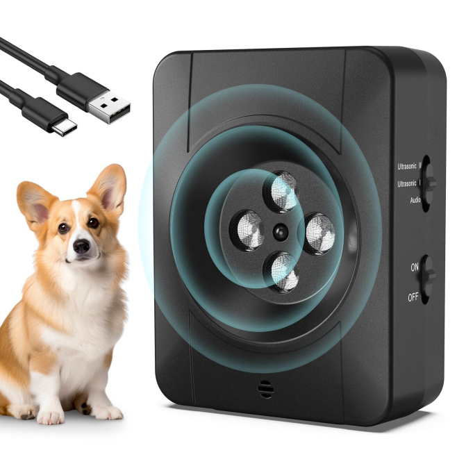 Dispositif Antiaboiement Pour Chien À Ultrasons 4 Haut-Parleurs 3 Niveaux Réglables Batterie 30 Jours Étanche IP45 Noir - www...