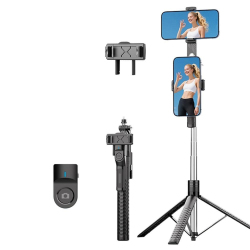 Perche Selfie Trépied Bluetooth 190 Cm Pour Streaming À Double Pince Rotation 360° Compacte 34 Cm