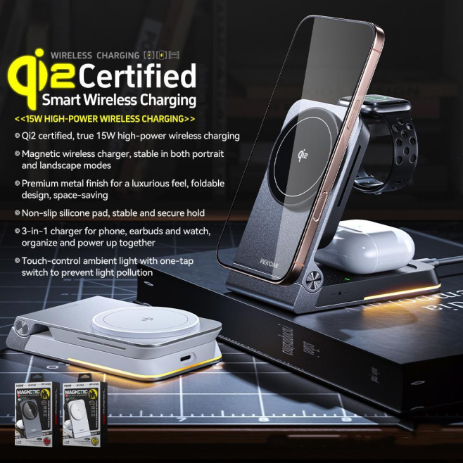Chargeur Sans Fil Magnétique 3 En 1 Qi2 15 W Pour Téléphone Montre Et Écouteurs Pliable Avec Charge Horizontale Et Verticale ...