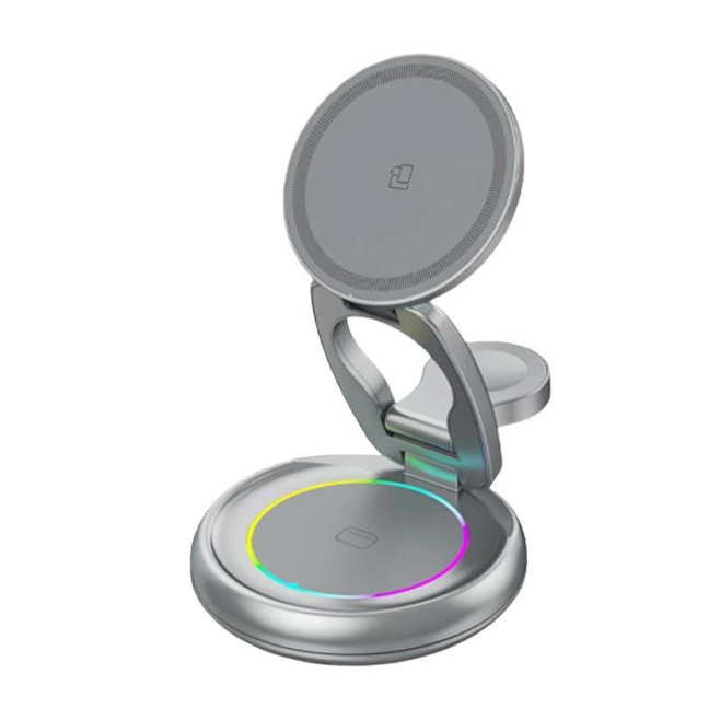 Chargeur Sans Fil Magnétique 3 En 1 15 W Avec Veilleuse LED Colorée Support Pliable Rotatif Pour Téléphone Montre Et Écouteur...