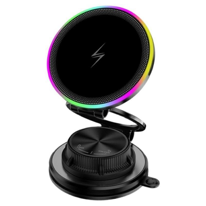 Chargeur Sans Fil Magnétique Pour Voiture 15 W Avec Fixation À Ventouse Éclairage RGB Et Rotation À 360° Compatible MagSafe Q...