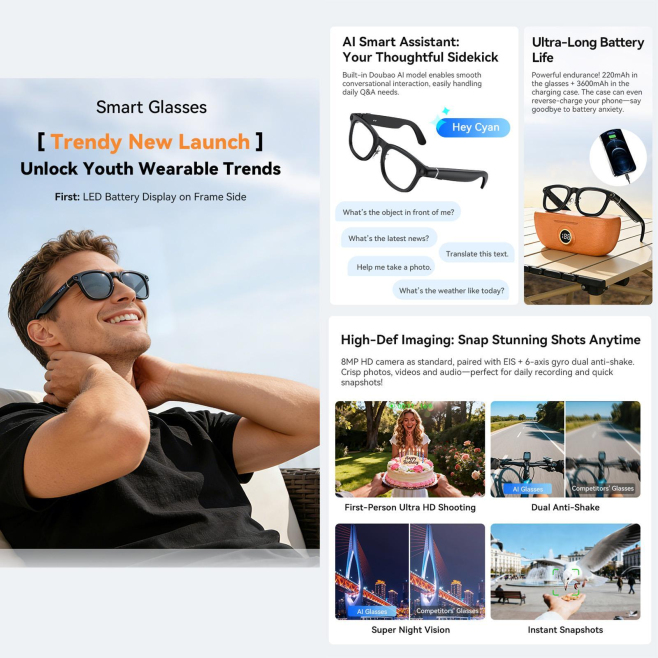 Lunettes Connectées De Sport Pour Cyclisme Avec Caméra 8 MP Stabilisation D’Image Assistant Vocal Et Traduction IA - www.yoni...