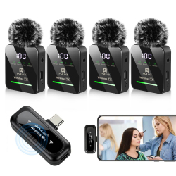 Microphone Cravate Sans Fil Pour Téléphone USB-C Avec 4 Émetteurs Réduction De Bruit ENC Autonomie 7 Heures