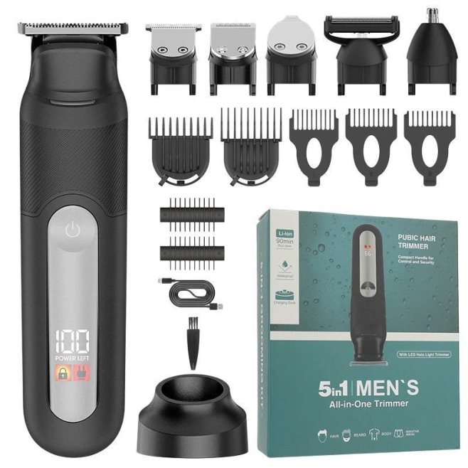 Tondeuse À Cheveux Homme 5 En 1 Étanche IPX6 Avec Éclairage LED Sabot Réglable Écran LCD Et Embouts Nez Barbe - www.yonis-sho...