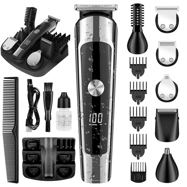 Tondeuse Électrique Homme 6 En 1 Étanche IPX6 Avec 6 Têtes Interchangeables Autonomie 80 Minutes Affichage LED Recharge USB -...