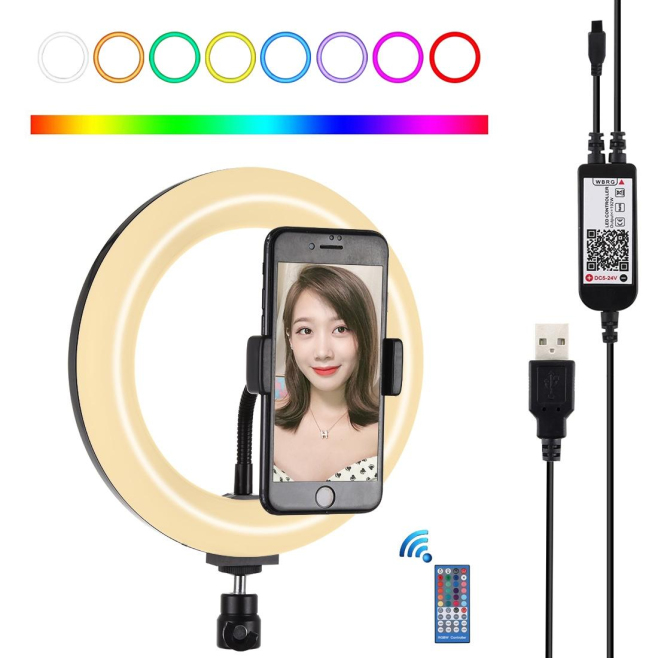 Ring Light LED USB RGB 20 Cm Pour Selfie Et Vidéo À Intensité Réglable Avec Pince Smartphone Télécommande Bluetooth - www.yon...