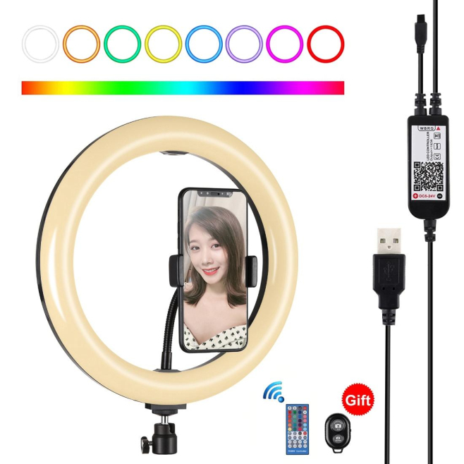Anneau Lumineux LED RGBW 26 Cm Pour Vlog Photo Vidéo Dimmable USB Avec Rotule 360° Télécommande Et Support Smartphone - www.y...