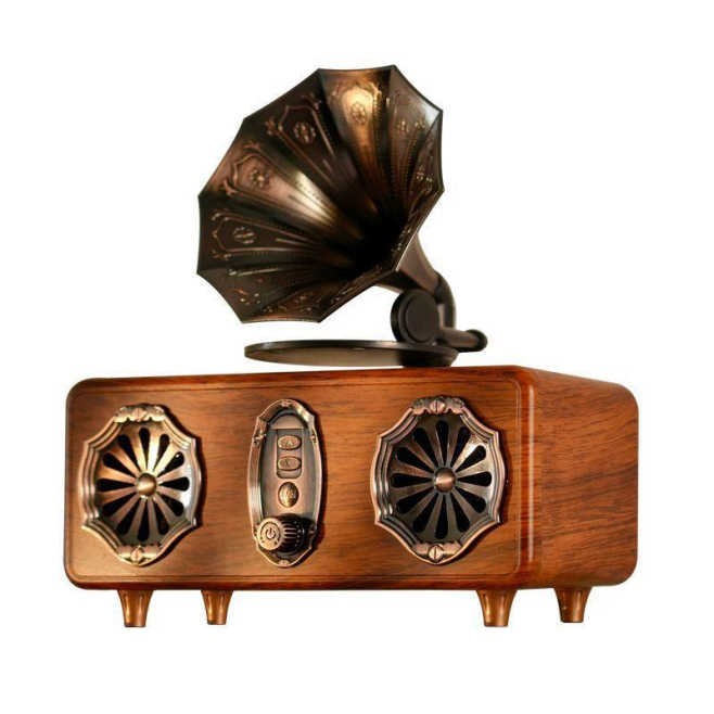 Enceinte Bluetooth Vintage Style Gramophone Aspect Bois Noyer Avec Radio FM USB TF AUX Batterie Rechargeable 1800 mAh - www.y...