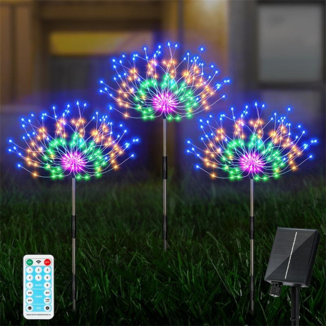 Lampe Solaire De Jardin Effet Feux D’Artifice 360 LED Multicolore Étanche Avec Télécommande Autonomie 12 Heures - www.yonis-s...