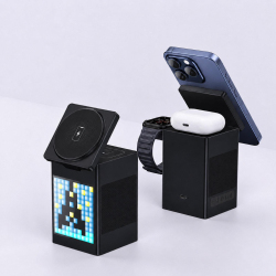 Station De Recharge Sans Fil 6 En 1 Pour Téléphone Montre Et Écouteurs Avec Enceinte Bluetooth Pixel Art RGB