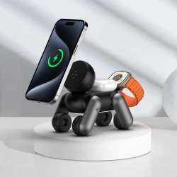 Support De Charge Sans Fil 3 En 1 Magnétique Pour Téléphone Montre Et Écouteurs Design Chiot Avec Éclairage Tactile