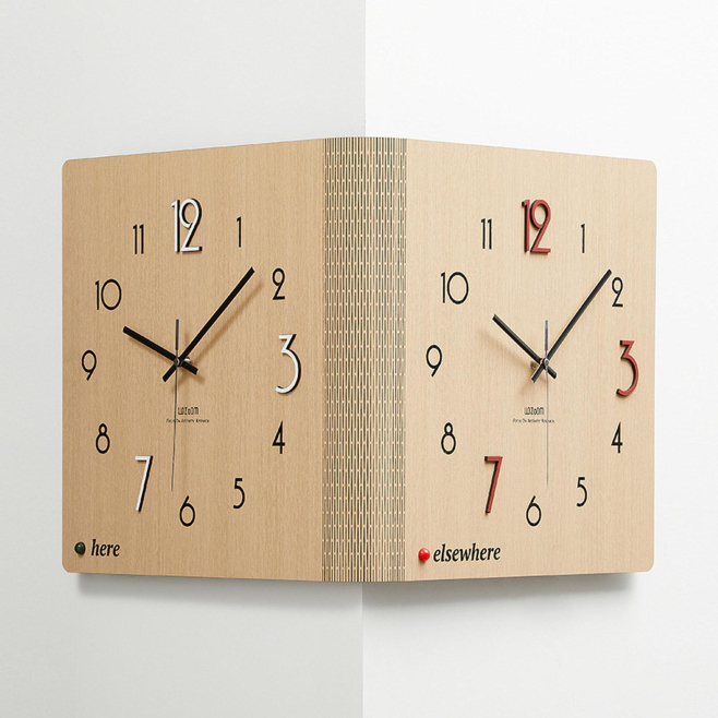 Horloge Murale D’Angle Double Face Grande Finition Bois Brun Pour Salon Quartz Silencieux Deux Fuseaux Horaires - www.yonis-s...