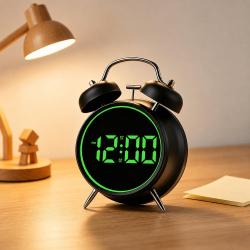 Réveil Digital À Double Cloche Très Sonore Avec Anneau LED Lumineux USB Et Piles Pour Chevet