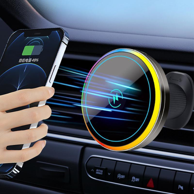 Support De Téléphone Voiture Pour Grille D’Aération Avec Chargeur À Induction 15 W Aimants N52 Rotation 360° Et Éclairage RGB...