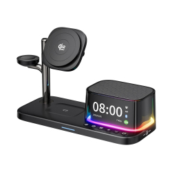 Chargeur Sans Fil Magnétique 5 En 1 Avec Enceinte Bluetooth Veilleuse Et Réveil Support Rotatif 25°