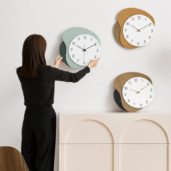 Horloge Murale Décorative Silencieuse Pour Salon En MDF Vert Design Asymétrique Chiffres Gravés Au Laser 38 Cm - www.yonis-sh...