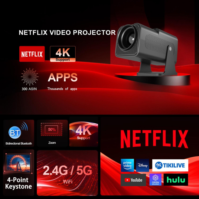 Mini Videoprojecteur 4K Android 12.0 Portable HD WiFi Bluetooth Correction Automatique 200 Pouces - www.yonis-shop.com