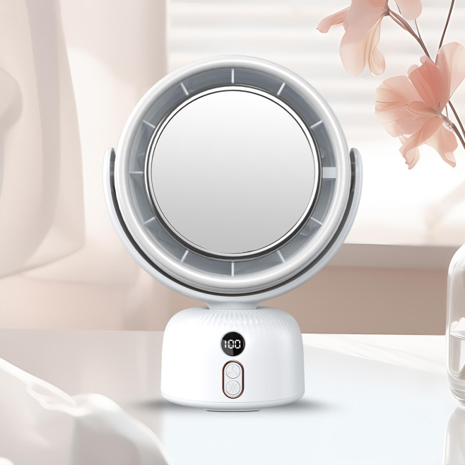 Ventilateur De Bureau Avec Miroir De Maquillage Rechargeable 5400 mAh Lumière Tamisable Et Oscillation Automatique - www.yoni...