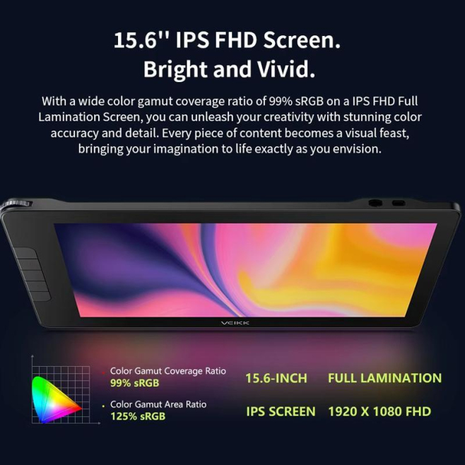 Tablette Graphique Avec Écran Pour Dessin 15.6 Pouces IPS Full HD Stylet Sans Batterie 16384 Niveaux De Pression Molette Alum...
