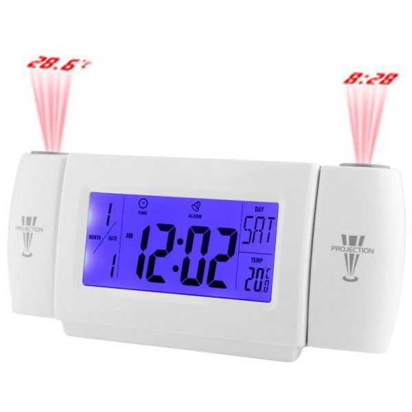 R&eacute;veil thermom&egrave;tre retro&eacute;clair&eacute; bleu double projecteur LED blanc