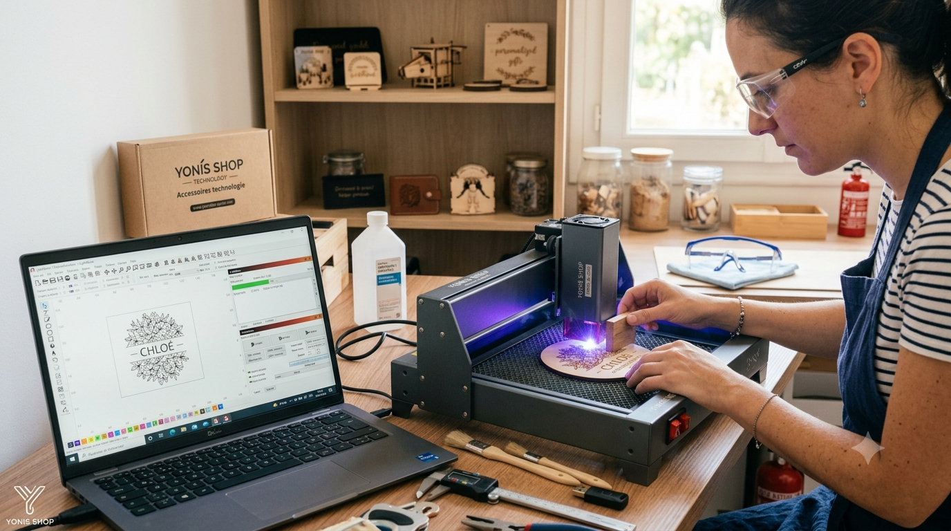 Une cr&eacute;atrice portant des lunettes de protection utilise un graveur laser domestique pour marquer un disque en bois, avec un ordinateur portable affichant le design "CHLO&Eacute;" et divers outils sur un plan de travail en bois.