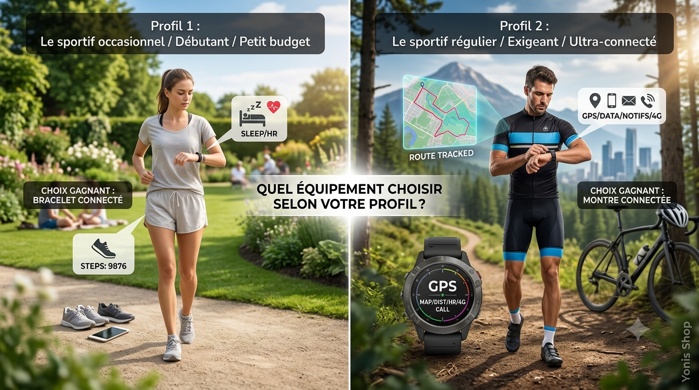 Un comparatif complet entre bracelet et montre connect&eacute;e pour choisir le meilleur &eacute;quipement fitness Yonis Shop selon votre budget, votre pratique et vos besoins en GPS.