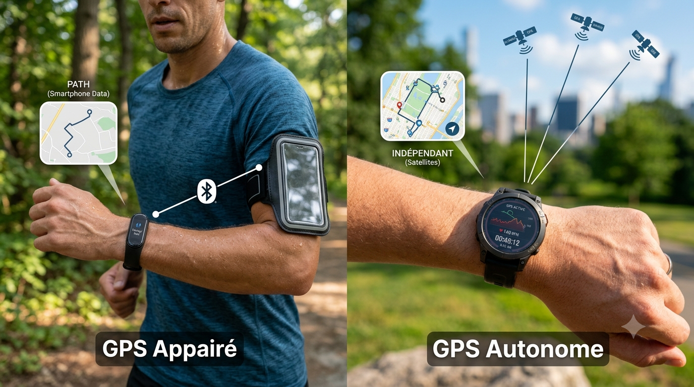 Duel visuel entre le GPS connect&eacute; via smartphone et le GPS autonome par satellite pour le sport.
