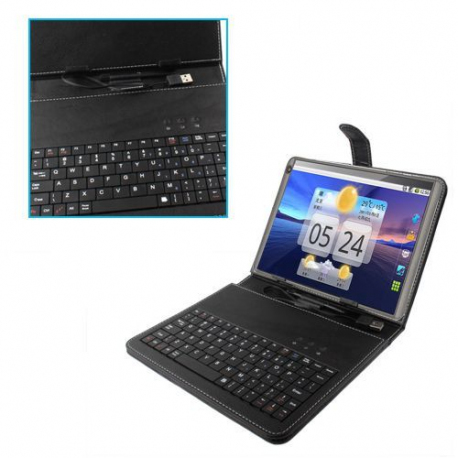 Tablette tactile avec une housse noire de mani&egrave;re &agrave; la tenir debout. 