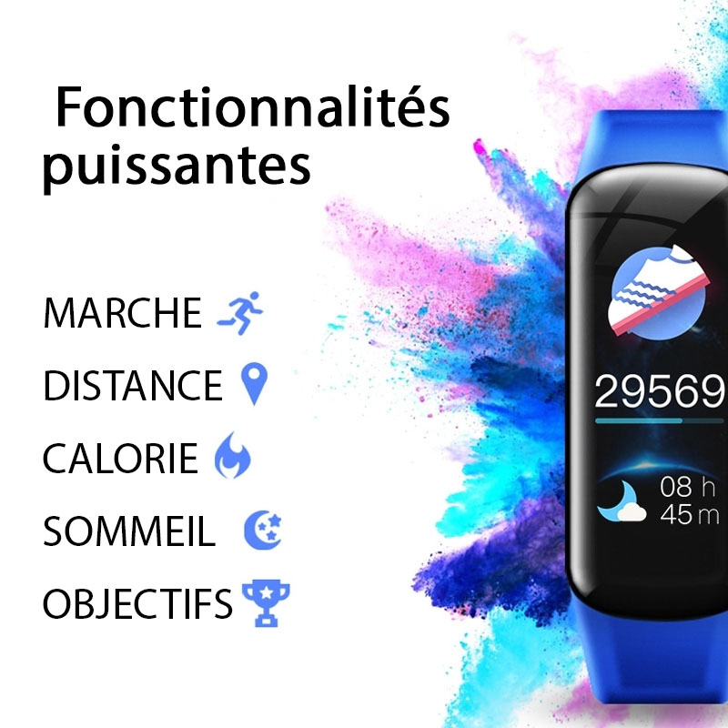 Fonctions sportives essentielles du bracelet connecté. Marche, Distance, Calorie, Sommeil, Objectifs.