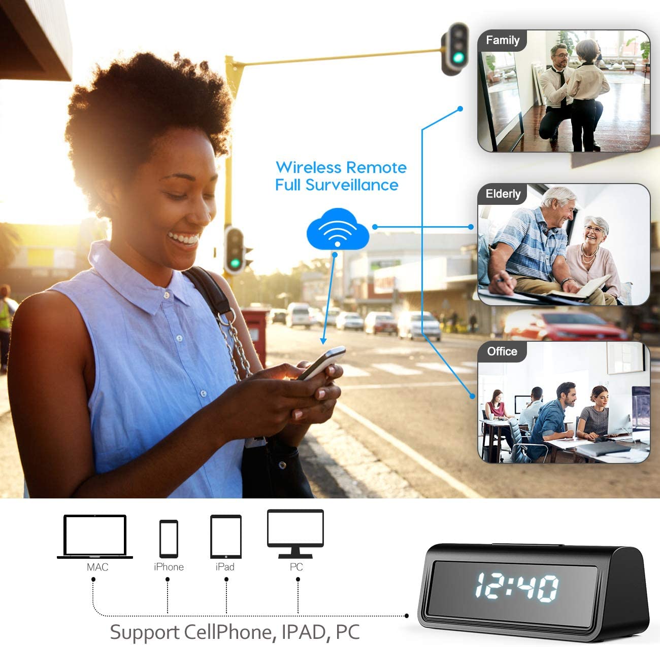Réveil caméra espion se connecte au wifi et permet de visionner en direct via l'application ce qu'il se passe